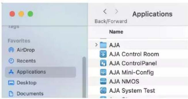 Applications Back/Forward Name > AJA AJA Control Room AJA ControlPanel AJA Mini-Config AJA NMOS AJA System Test