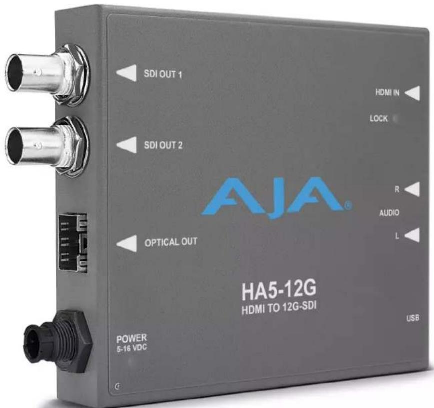 SDI OUT 1 SDI OUT 2 OPTICAL OUT AJA® HA5-12G HDMI TO 12G-SDI POWER 5-16 VDC USB HDMI IN LOCK R AUDIO L