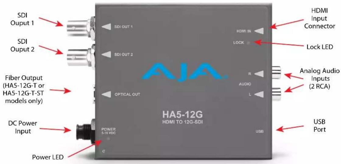 SDI Output 1 SDI Output 2 Fiber Output (HA5-12G-T or HA5-12G-T-ST models only) DC Power Input Power LED SDI OUT 1 SDI OUT 2 OPTICAL OUT AJA HDMI IN LOCK R AUDIO L USB Port USB HDMI Input Connector Lock LED Analog Audio Inputs (2 RCA)