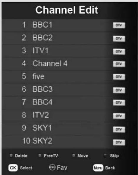 Channel Edit 1 BBC1 2 BBC2 3 ITV1 4 Channel 4 5 five 6 BBC3 7 BBC4 8 ITV2 9 SKY1 10 SKY2 Delete FreeTV Move Skip OK Select Fav Menu Back
