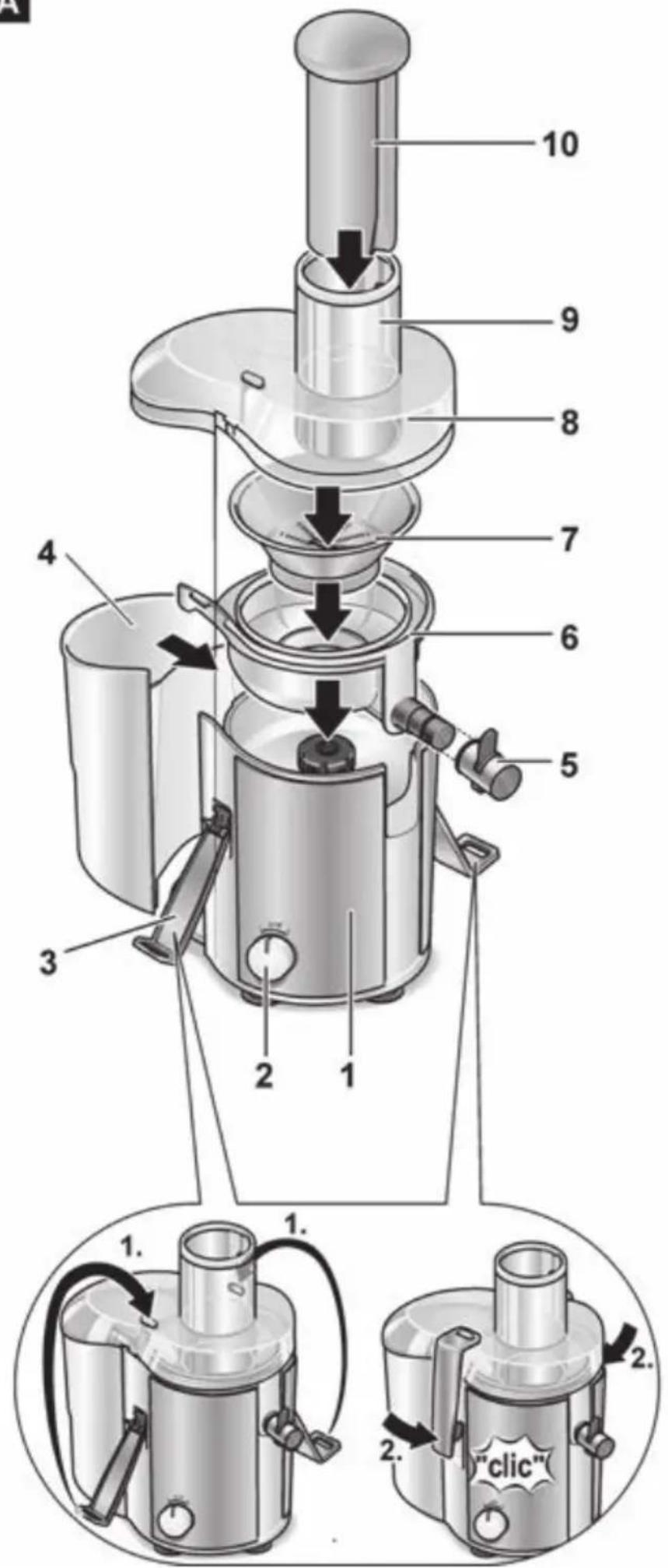 Technical diagram of a coffee maker with numbered parts and labeled parts, including a click device.