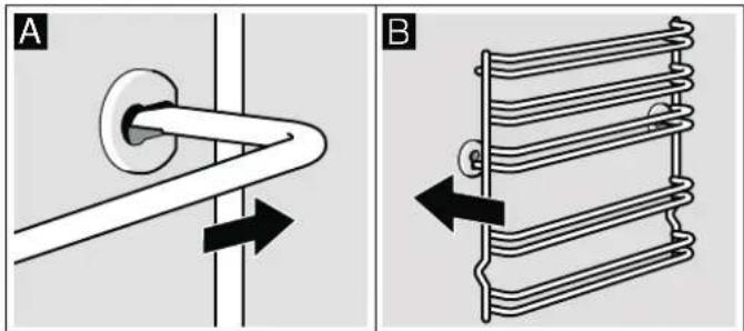 Diagram showing two different cable or heating system configurations: (A) straight pipe connection with directional arrow, (B) coiled heating element with left-side force arrow (no text or symbols)