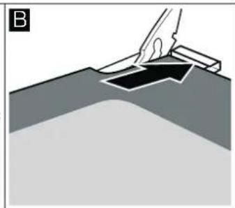 Illustration of a hand using a tool to cut or mark a surface with a black arrow (no text or symbols)