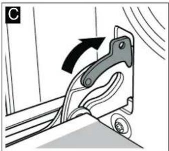 Mechanical component diagram showing a lever mechanism with an arrow indicating motion (no text or symbols present)
