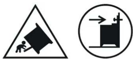 Warning sign showing a person pulling a large block into a triangle, and a circular symbol indicating a hazard or hazard.