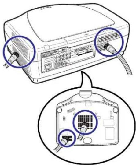Diagram showing a device with labeled ports and connectors, highlighting internal components with blue circles.