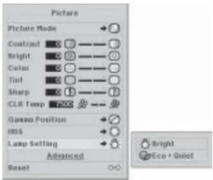 Picture Picture Mode Contrast Bright Color Tint Sharp CLR Temp Gamma Position IIRS Lamp Setting Advanced Reset Bright Eco + Quiet
