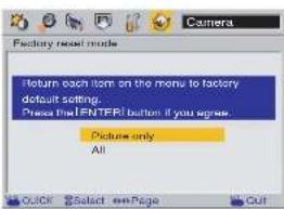 Factory reset mode Return each item on the menu to factory default setting. Press the ENTER button if you agree. Picture only All QUICK Select up Page Cut