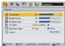 Camera Pictures Contrast G Brightness D Sharpness D Shutter 00 to 60Hz Screen size Full Thru Level ENTER! QUICK X: mm eePage eeAdjust Cut