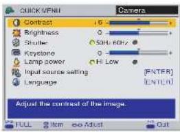 QUICK MENU Camera Contrast 6 Brightness 0 Shutter 50Hz 60Hz Keystone 0 Lamp power Hi Low Input source setting [ENTR] Language [ENTL] Adjust the contrast of the image. FULL Item See Adjust Out