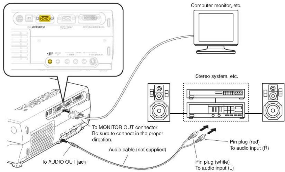Computer monitor, etc. Stereo system, etc. To MONITOR OUT connector Be sure to connect in the proper direction. Audio cable (not supplied) To AUDIO OUT jack Pin plug (red) To audio input (R) Pin plug (white) To audio input (L)