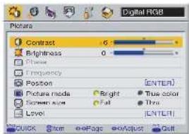 Digital RGB Pictures Contrast 6 Brightness 0 Position Frequency Position Picture media Bright True color Screen size Full True Level [ENTER] [ENTER1]
