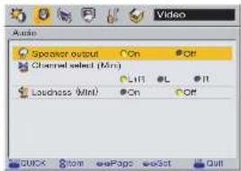 Audio Speaker output On Off Channel selected (Mini) Lift L IT Loudness (Mini) On Off QUICK Stream Page Select Quit