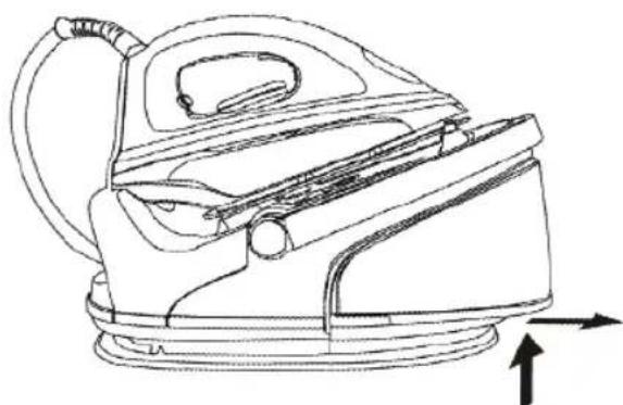 Line drawing of a steam iron with directional arrows indicating motion (no text or symbols)