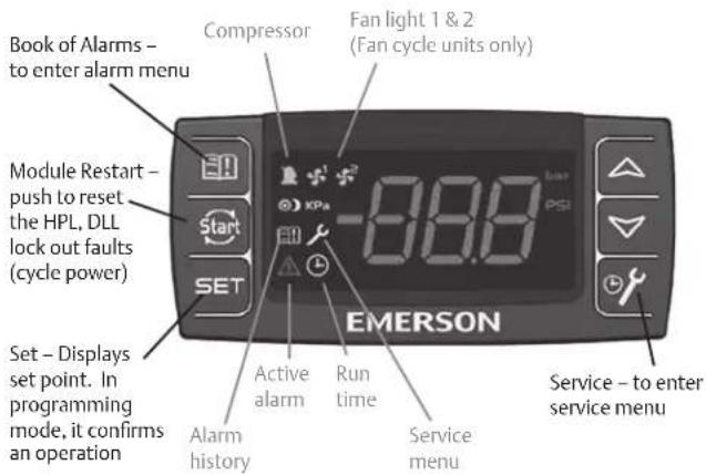 Book of Alarms – to enter alarm menu Module Restart – push to reset the HPL, DLL lock out faults (cycle power) Set – Displays set point. In programming mode, it confirms an operation Compressor Fan light 1 & 2 (Fan cycle units only) -88.8 EMSOMON Active alarm Run time Alarm history Service menu Serv…