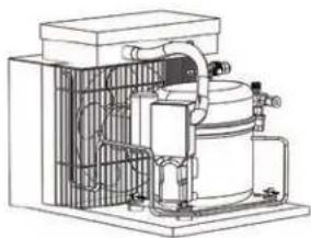 Technical line drawing of an industrial machine with internal components and piping (no text or labels)
