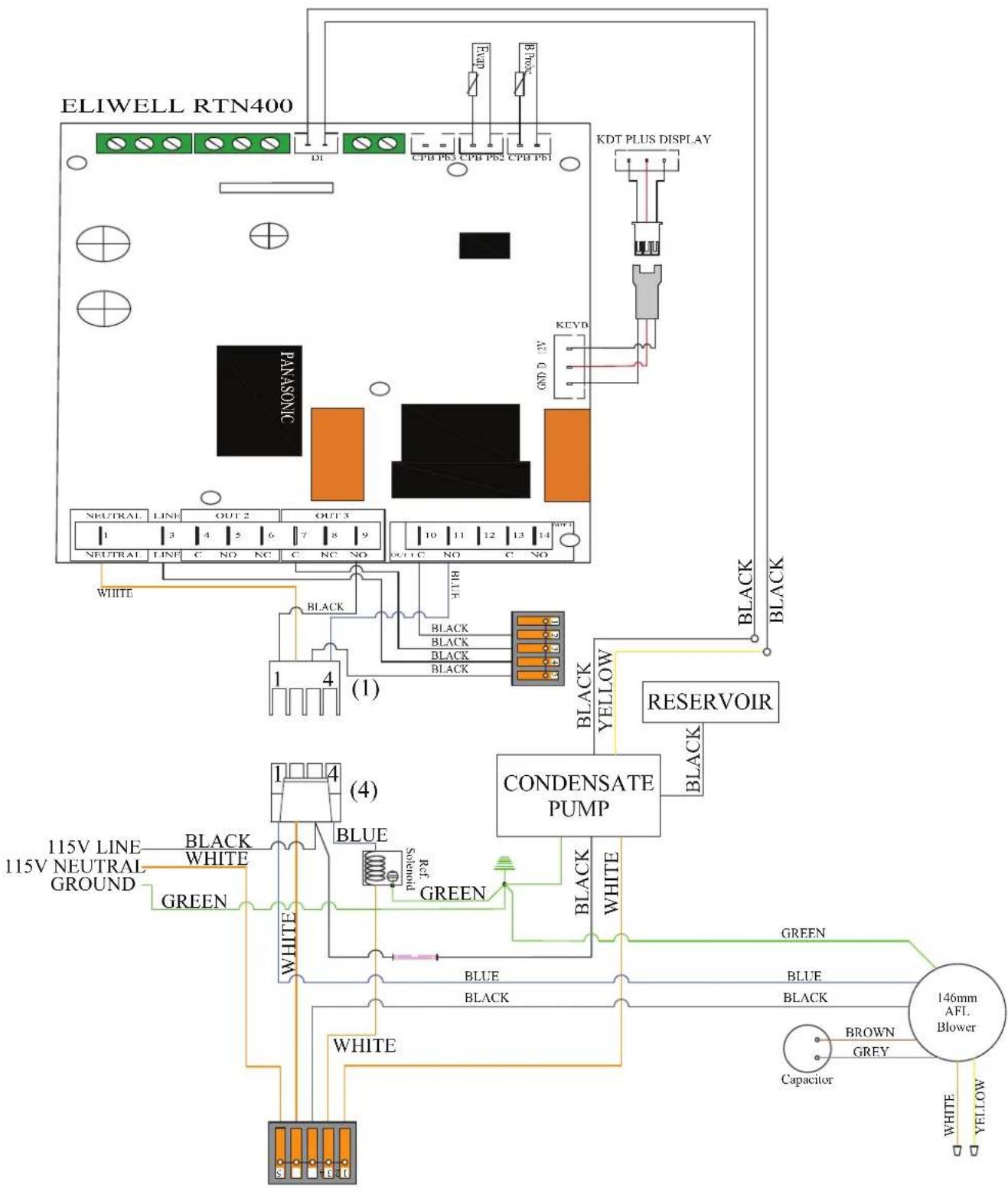 ELIWELL RTN400 DI CPB PS1 CPB PS2 CPB PS3 KDT PLUS DISPLAY PANASONIC KEYD GND D 1V NEUTRAL LINE OUT 2 OUT 3 OUT 10 11 12 13 14 1 NEUTRAL LINE C NO NC C NC NO OUT 1 C NO C NO WHITE BLACK BLACK BLACK BLACK 1 4 (1) BLACK YELLOW RESERVOIR 1 4 (4) BLUE GREEN CONDENSATE PUMP BLACK WHITE 115V LINE BLACK 11…
