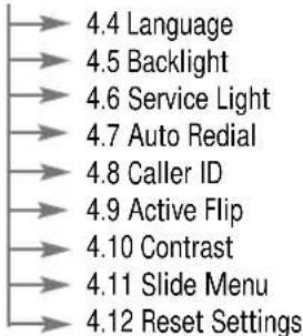 4.4 Language 4.5 Backlight 4.6 Service Light 4.7 Auto Redial 4.8 Caller ID 4.9 Active Flip 4.10 Contrast 4.11 Slide Menu 4.12 Reset Settings