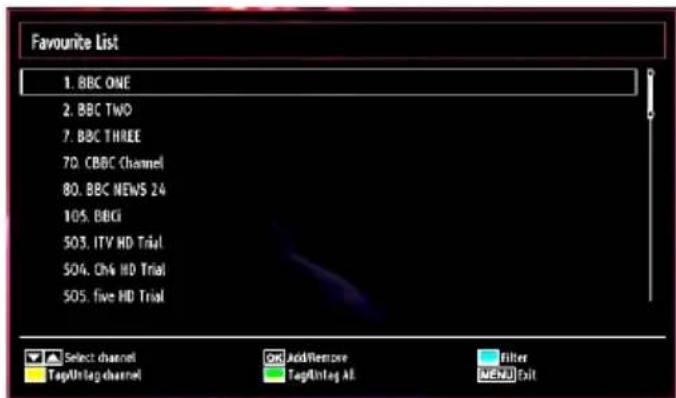 Favourite List 1. BBC ONE 2. BBC TWO 7. BBC THREE 70. CBC Channel 80. BBC NEWS 24 105. BBCI 503. ITV HD Trial 504. Chs HD Trial 505. five HD Trial Select channel Tag/Untag channel Add/Remove Tag/Untag All Filter MENU Dilt