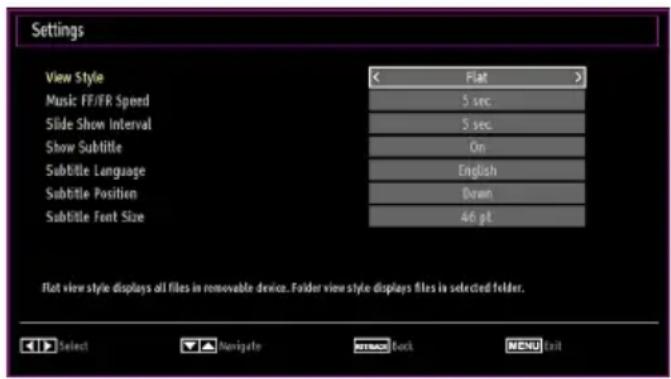 Settings View Style Music: FF/FR Speed Slide Show Interval Show Subtitle Subtitle Language Subtitle Position Subtitle Font Size Flat > 5 sec. 5 sec. On English Down 46 pt. Flot view style displays all files in removable device. Folder view style displays files in selected folder. Select Navigate Rock MENU alt