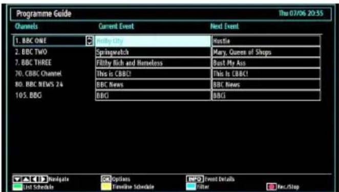 Programme Guide Thu 07/06 20:55 Channels Current Event Next Event 1. BBC ONE Hobby City Hostle 2. BBC TWO Springwatch Mary, Queen of Shops 7. BBC THREE Fizzy Rich and Homeless Bust My Ass 70. BBC Channel.This is CBBC!.This Is CBBC! 80. BBC NEWS 24 BBC News BBC News 105. BBG BBCI BBCI TAC(1) Navigate Cancel Event Details First Schedule Filename Schedule Filter Rac/Stop