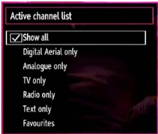 Active channel list ✓Show all Digital Aerial only Analogue only TV only Radio only Text only Favourites