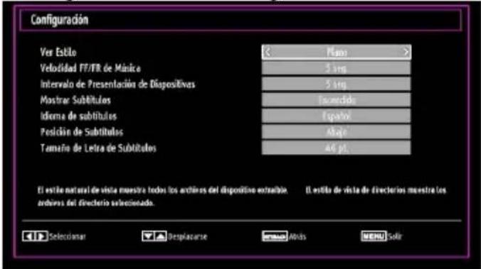 Configuración Ver Estilo Velezidad F/FR de Múnica Intervalo de Presentación de Dispositivas Mostrar Subtitulos Idiema de subtitulos Posición de Subtitulos Tamaño de Letra de Subtitulos Mato 5 inq 5 inq Tacoórdio Equino Aaja 46 pt. El estilo natural de vista muestra todos los archivos del dispositivo extraíble. El estilo de vista de directores muestra los archives del directorio seleccionado. CIE Selectinar Desplacarse Auto Ands MENU Solar