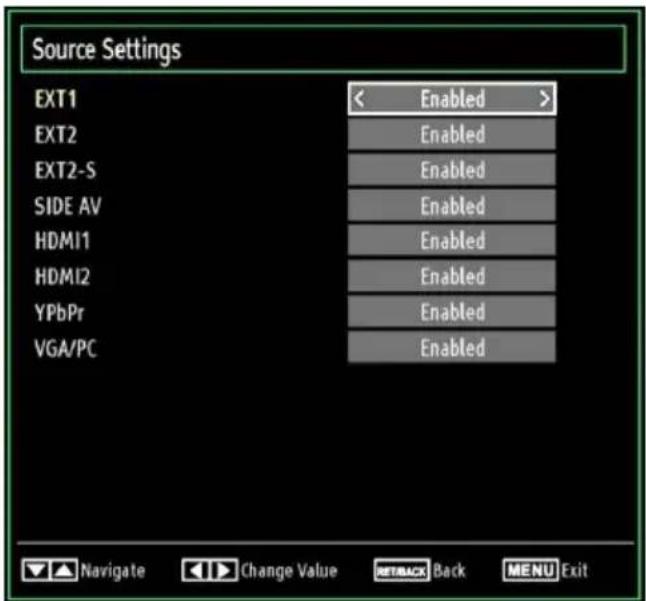 Source Settings EXT1 < Enabled > EXT2 Enabled EXT2-S Enabled SIDE AV Enabled HDMI1 Enabled HDMI2 Enabled YPbPr Enabled VGA/PC Enabled Navigate Change Value REBACK Back MENU Exit