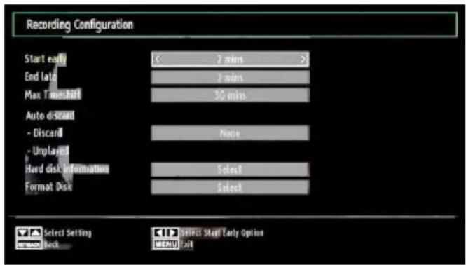 Recording Configuration Start early 2 mins > End late 2 mins Max Time/Min 30 mins Auto disk - Discard None - Unplased Hard disk information Select Format Disk Select Select Setting Select Staff Early Option OK/OK Exit