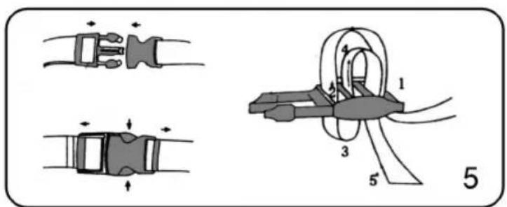 Diagram illustrating cable fastening techniques with labeled parts 1, 3, 5 and directional arrows indicating movement.