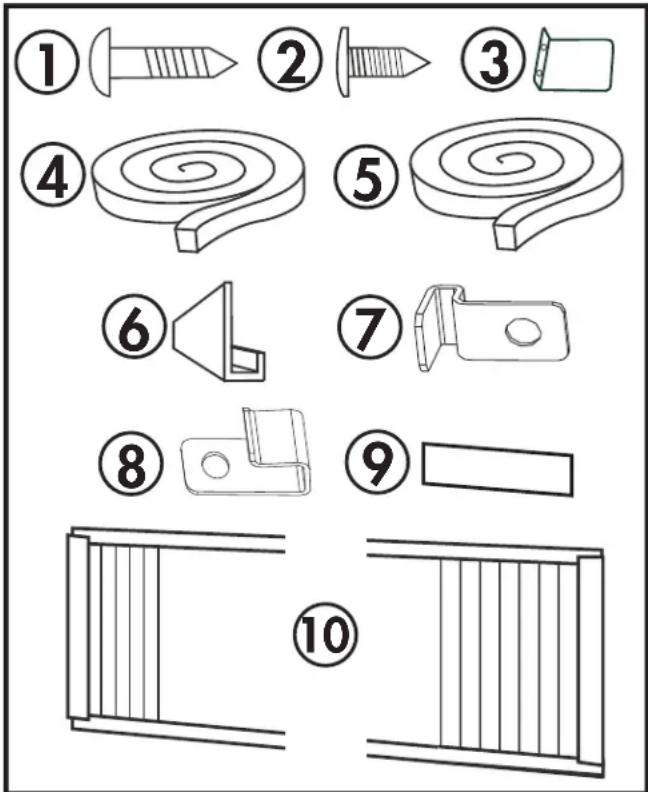 Diagram showing 10 labeled technical drawings of mechanical parts, including screws, coils, and brackets with numbered annotations.