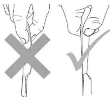 Diagram showing two hand positions with a cross and checkmark, indicating incorrect or incorrect handling conditions.
