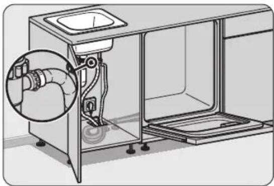 Technical line drawing of a kitchen appliance with a side panel and internal tubing (no text or symbols).