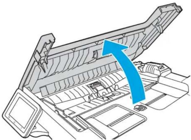 Diagram of a printer drawer with an open lid and blue arrow indicating the component (no text or symbols present)