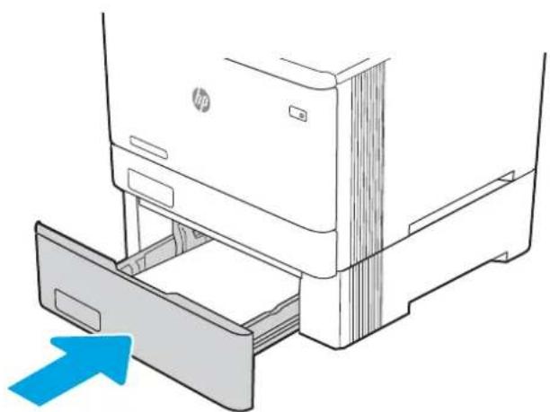 Diagram of a HP printer with a blue arrow pointing to the drawer (no text or symbols present)