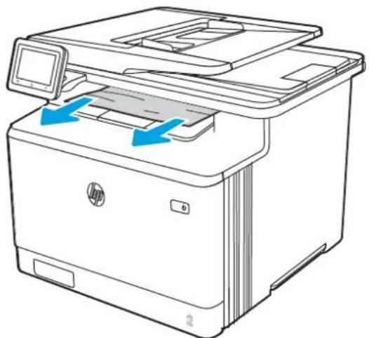 Line drawing of a HP printer with blue arrows indicating compression or disassembly process (no text or symbols)