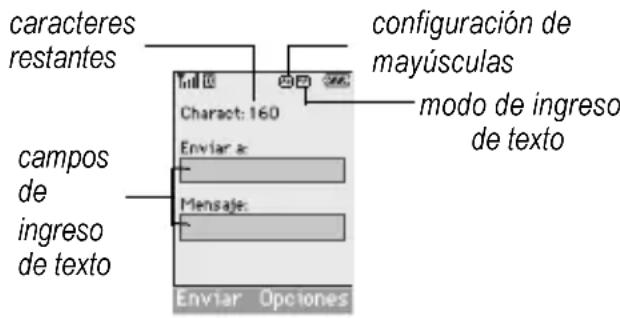 caracteres restantes configuración de mayúsculas modo de ingreso de texto campos de ingreso de texto Enviar Opciones