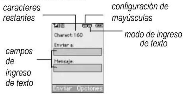 caracteres restantes configuración de mayúsculas modo de ingreso de texto campos de ingreso de texto Charact 160 Enviar a: Mensaje: Enviar Opciones