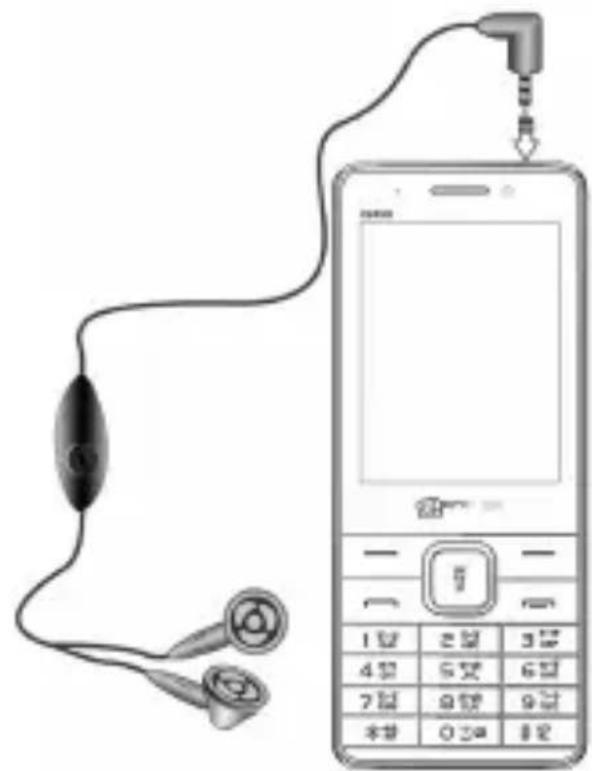 Diagram showing a mobile phone connected to earphones with an earphone, illustrating the connection and usage of earphones.