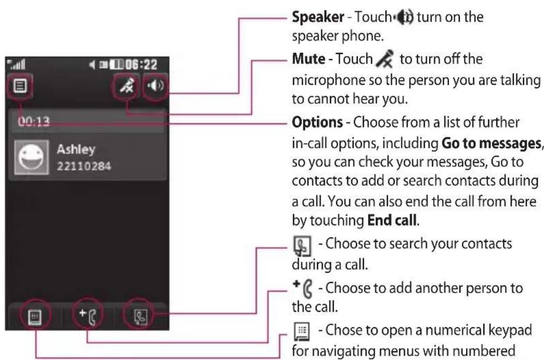 Speaker - Touch to turn on the speaker phone. Mute - Touch to turn off the microphone so the person you are talking to cannot hear you. Options - Choose from a list of further in-call options, including Go to messages, so you can check your messages, Go to contacts to add or search contacts during a call. You can also end the call from here by touching End call. - Choose to search your contacts during a call. + - Choose to add another person to the call. - Chose to open a numerical keypad for navigating menus with numbered