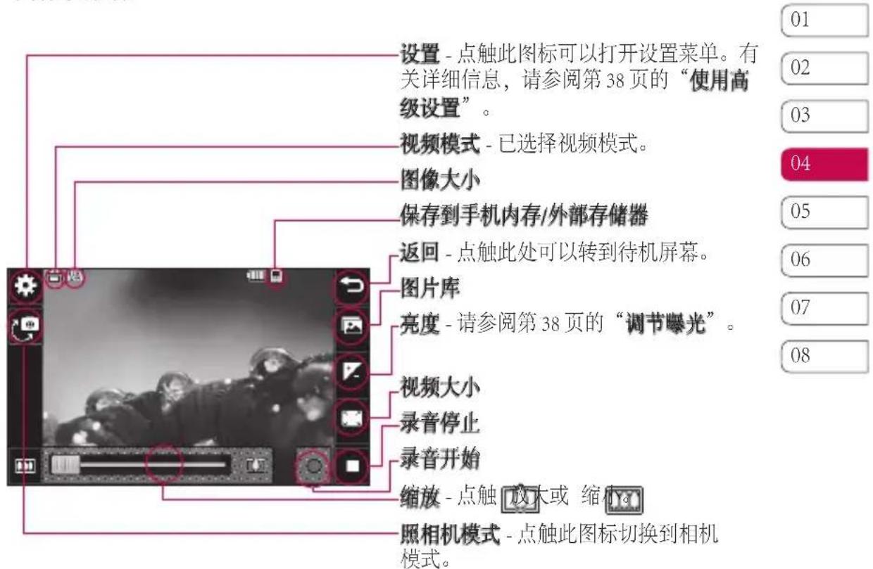 设置 - 点触此图标可以打开设置菜单。有关详细信息,请参阅第38页的“使用高级设置”。 视频模式 - 已选择视频模式。 图像大小 保存到手机内存/外部存储器 返回 - 点触此处可以转到待机屏幕。 图片库 亮度 - 请参阅第38页的“调节曝光”。 视频大小 录音停止 录音开始 缩放 - 点触 放大或 缩 少 照相机模式 - 点触此图标切换到相机模式。