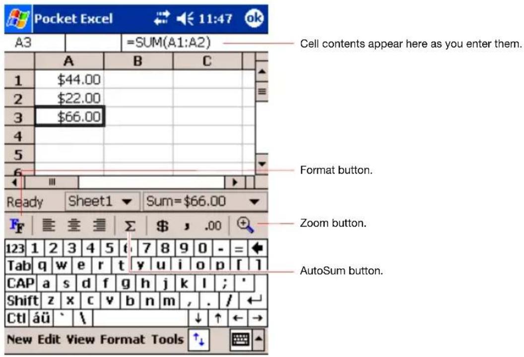 Pocket Excel 11:47 ok A3 =SUM(A1:A2) Cell contents appear here as you enter them. A B C 1 $44.00 2 $22.00 3 $66.00 4 5 6 Format button. Ready Sheet1 Sum=$66.00 F ≡≡≡ Σ $, .00 123 1 2 3 4 5 6 7 8 9 0 - = Tab g w e r t y u>i pivot[ ] CAP a s d f g h j k,l ; ' Shift z x c v b n m , . / ← Ctl áü \ ↓ ↑ ← → New Edit View Format Tools