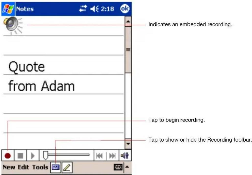 Notes 2:18 ok Indicates an embedded recording. Quote from Adam Tap to begin recording. Tap to show or hide the Recording toolbar. New Edit Tools