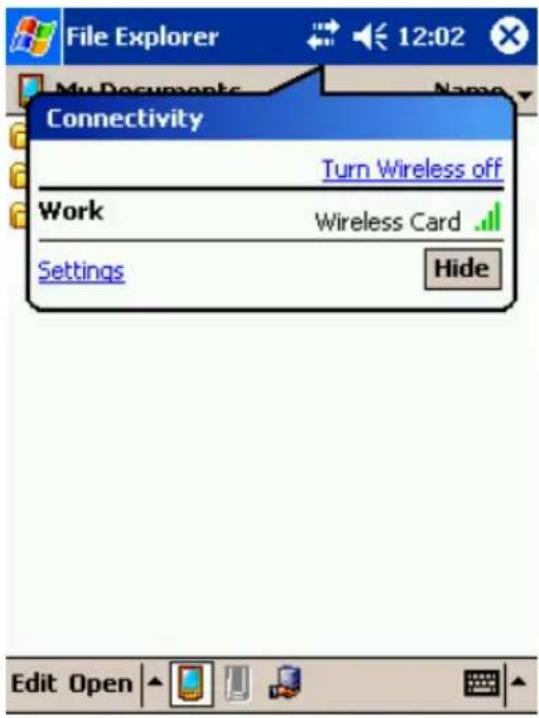 File Explorer 12:02 My Documents Name Connectivity Turn Wireless off Work Wireless Card Settings Hide Edit Open