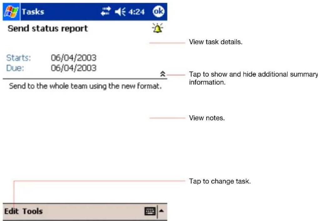 Tasks Send status report Starts: 06/04/2003 Due: 06/04/2003 Send to the whole team using the new format. View task details. Tap to show and hide additional summary information. View notes. Tap to change task. Edit Tools