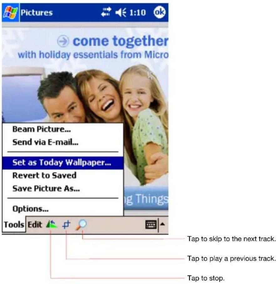 Pictures come together with holiday essentials from Micro Beam Picture... Send via E-mail... Set as Today Wallpaper... Revert to Saved Save Picture As... Options... Tools Edit Tap to skip to the next track. Tap to play a previous track. Tap to stop.