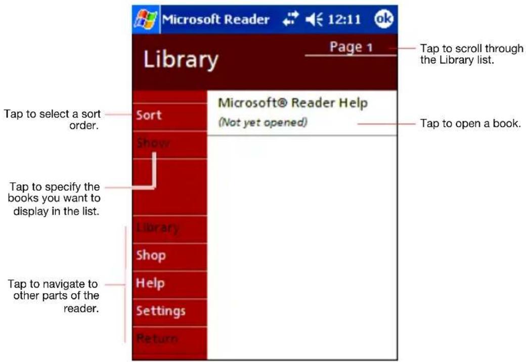 Microsoft Reader 12:11 ok Library Page 1 Tap to scroll through the Library list. Sort Microsoft® Reader Help (Not yet opened) Tap to open a book. Show Tap to select a sort order. Tap to specify the books you want to display in the list. Library Shop Help Settings Return Tap to navigate to other parts of the reader.