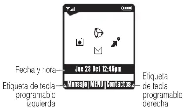 Fecha y hora Etiqueta de tecla programable izquierda Jue 23 Oct 12:45pm Mensaje | MENU | Contactos Etiqueta de tecla programable derecha