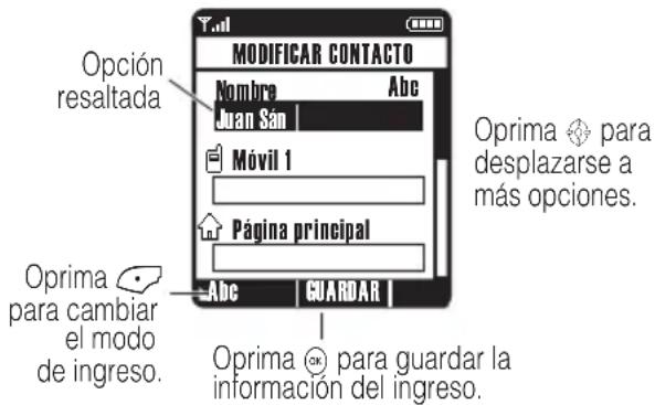 MODIFICAR CONTACTO Nombre Abc Juan San Móvil 1 Página principal Oprima para cambiar el modo de ingreso. Oprima para guardar la información del ingreso.