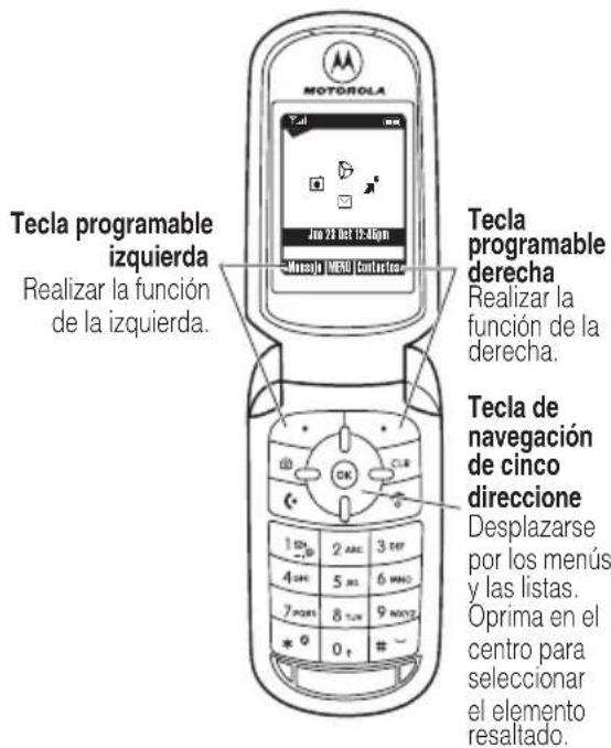 Tecla programable izquierda Realizar la función de la izquierda. Tecla programable derecha Realizar la función de la derecha. Tecla de navegación de cinco direccione Desplazarse por los menús y las listas. Oprima en el centro para seleccionar el elemento resaltado.